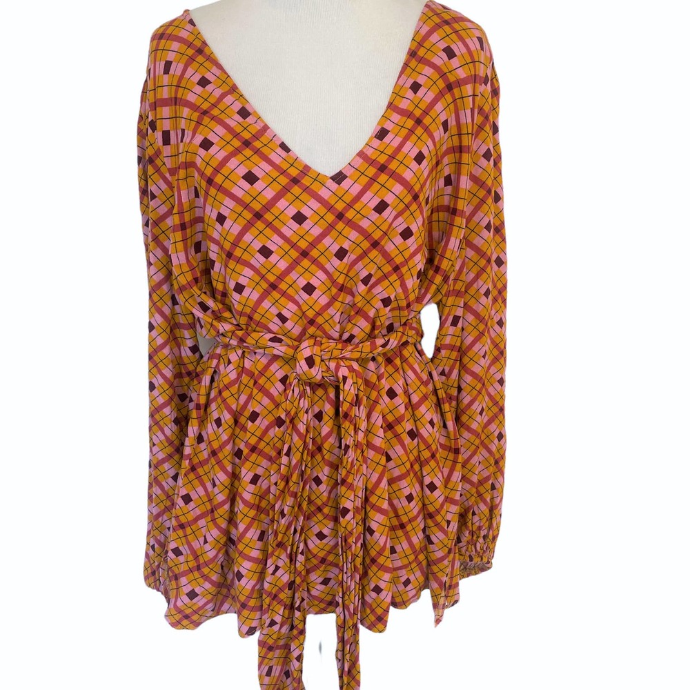 Eloquii Women's Size 18 Tie Waist Blouse ~ Mustard Pink Plaid V-Neck 2X
